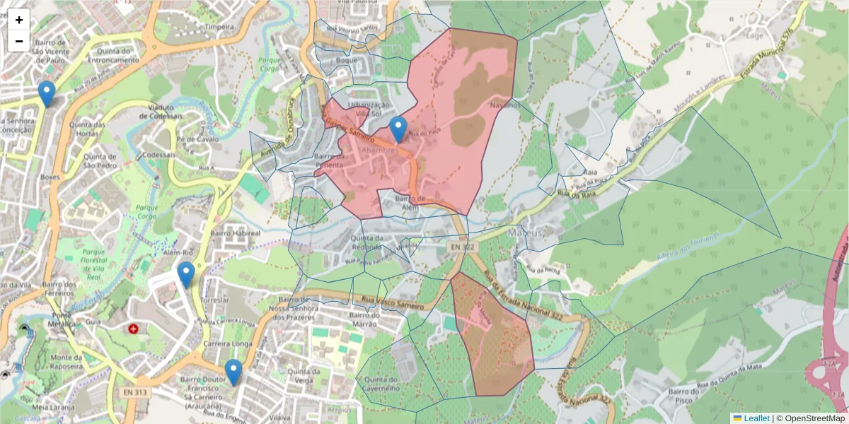 Mapa detalhado do código postal 5000-261 com limites, códigos postais vizinhos e agências dos correios