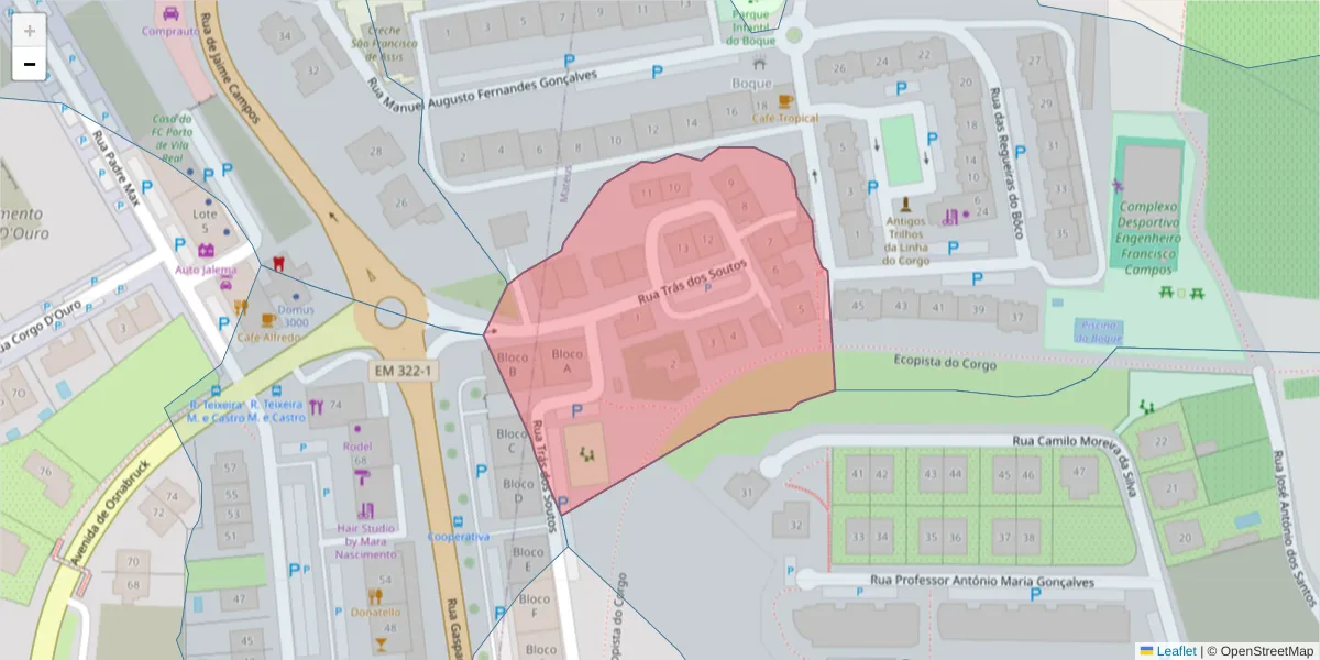 Mapa detalhado do código postal 5000-303 com limites, códigos postais vizinhos e agências dos correios