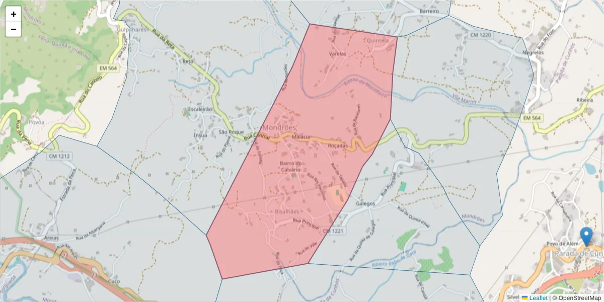 Mapa detalhado do código postal 5000-325 com limites, códigos postais vizinhos e agências dos correios