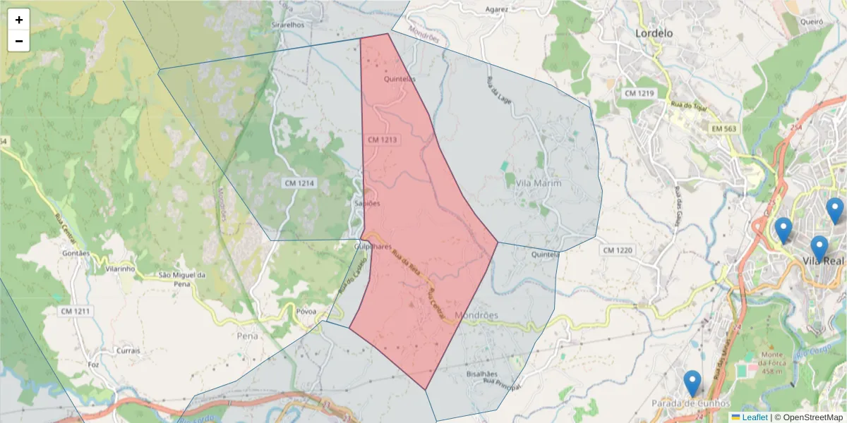 Mapa detalhado do código postal 5000-332 com limites, códigos postais vizinhos e agências dos correios