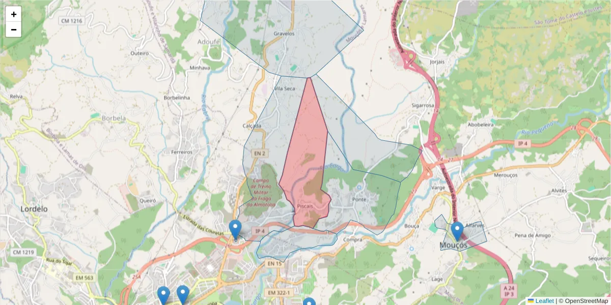 Mapa detalhado do código postal 5000-352 com limites, códigos postais vizinhos e agências dos correios