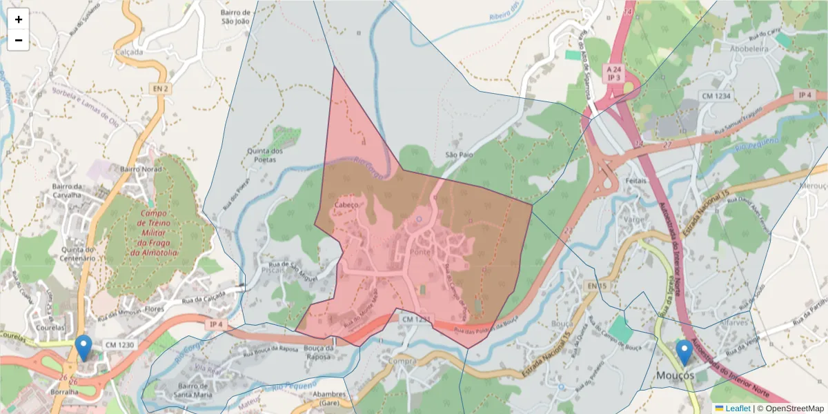 Mapa detalhado do código postal 5000-355 com limites, códigos postais vizinhos e agências dos correios