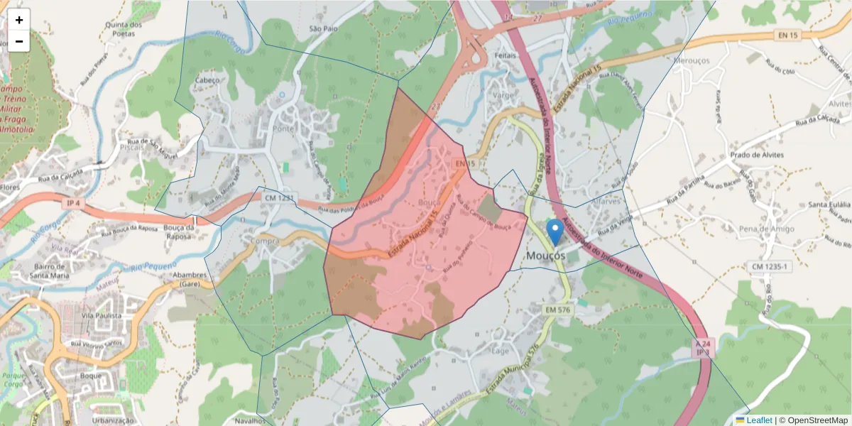 Mapa detalhado do código postal 5000-360 com limites, códigos postais vizinhos e agências dos correios