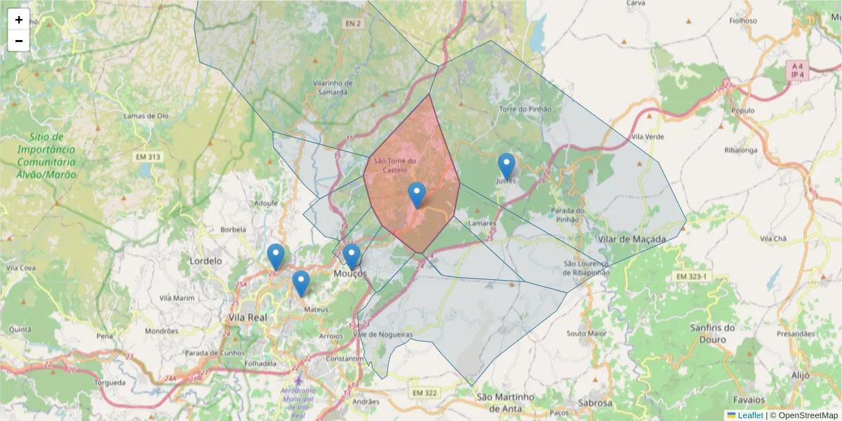 Mapa detalhado do código postal 5000-368 com limites, códigos postais vizinhos e agências dos correios