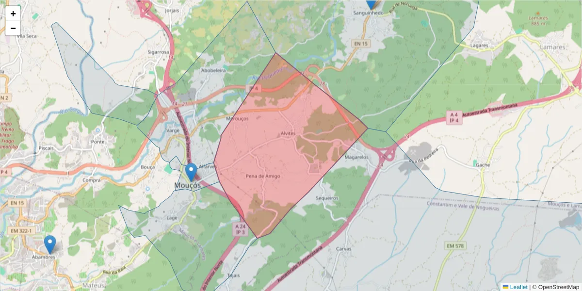 Mapa detalhado do código postal 5000-372 com limites, códigos postais vizinhos e agências dos correios