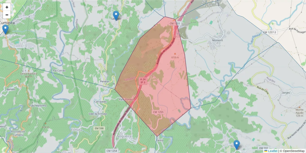 Mapa detalhado do código postal 5000-391 com limites, códigos postais vizinhos e agências dos correios