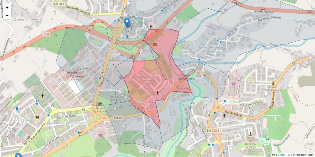 Mapa detalhado do código postal 5000-402 com limites, códigos postais vizinhos e agências dos correios