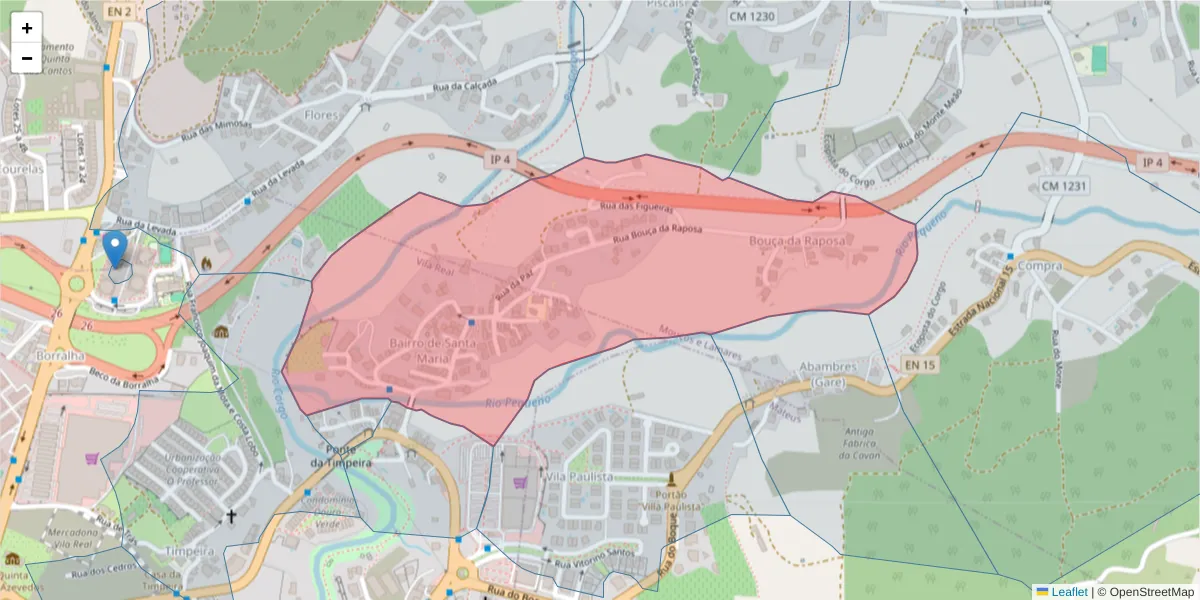 Mapa detalhado do código postal 5000-404 com limites, códigos postais vizinhos e agências dos correios