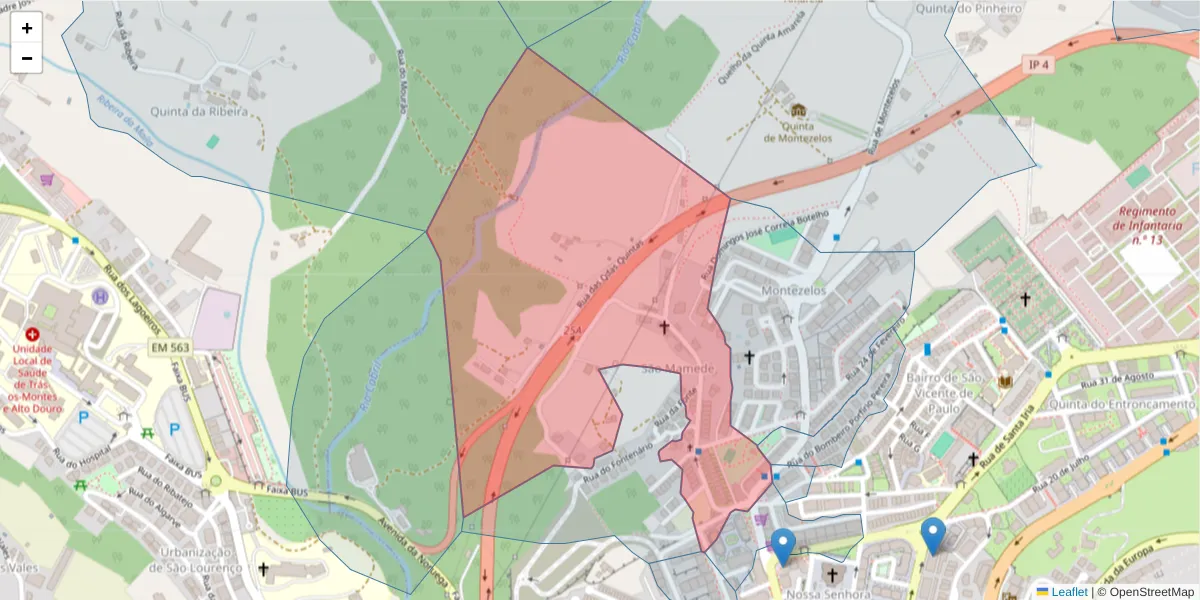 Mapa detalhado do código postal 5000-411 com limites, códigos postais vizinhos e agências dos correios