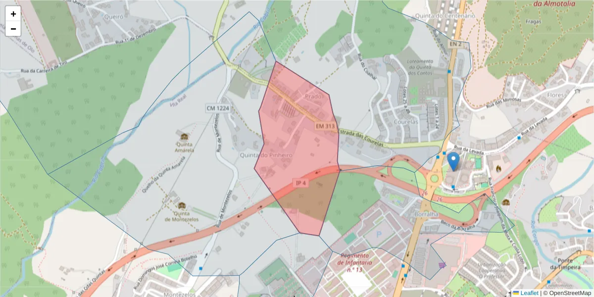 Mapa detalhado do código postal 5000-412 com limites, códigos postais vizinhos e agências dos correios