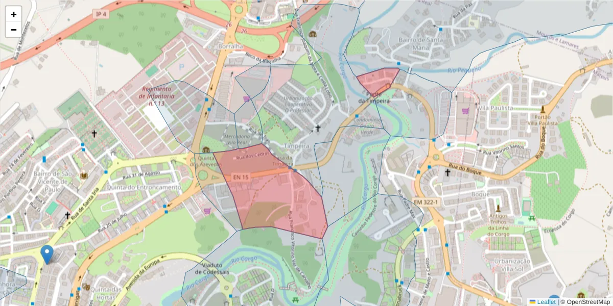 Mapa detalhado do código postal 5000-415 com limites, códigos postais vizinhos e agências dos correios