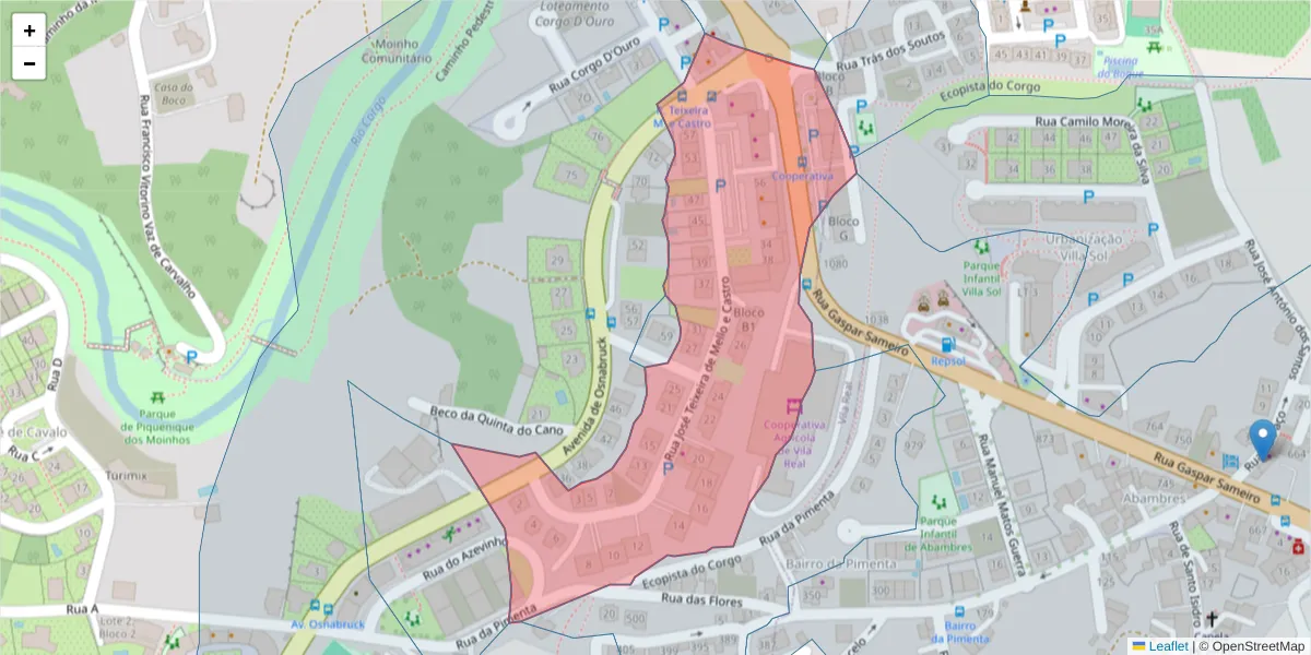 Mapa detalhado do código postal 5000-430 com limites, códigos postais vizinhos e agências dos correios