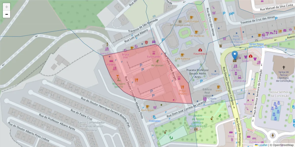 Mapa detalhado do código postal 5000-438 com limites, códigos postais vizinhos e agências dos correios