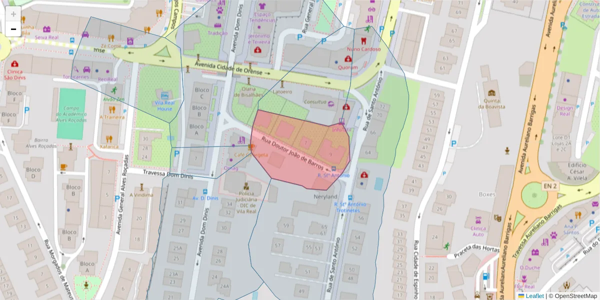 Mapa detalhado do código postal 5000-441 com limites, códigos postais vizinhos e agências dos correios