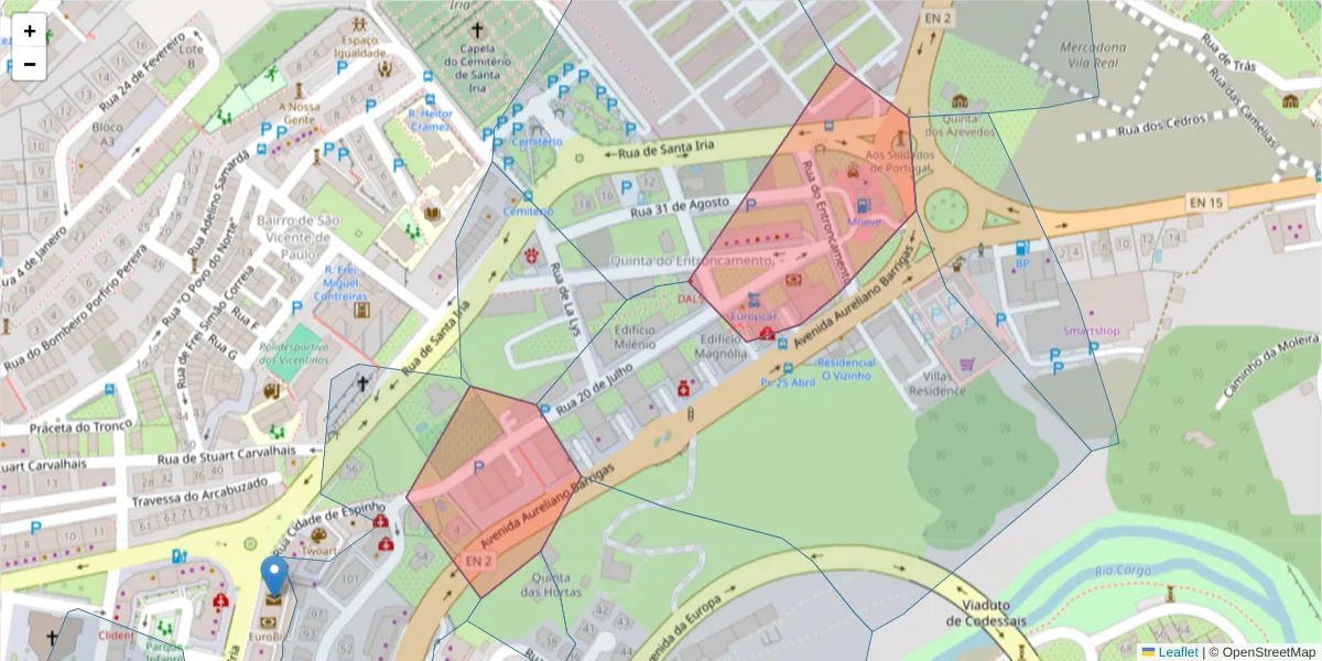 Mapa detalhado do código postal 5000-442 com limites, códigos postais vizinhos e agências dos correios