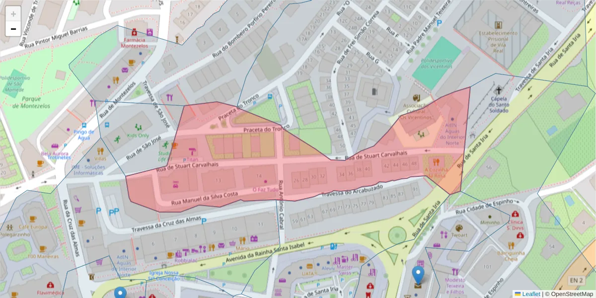 Mapa detalhado do código postal 5000-444 com limites, códigos postais vizinhos e agências dos correios