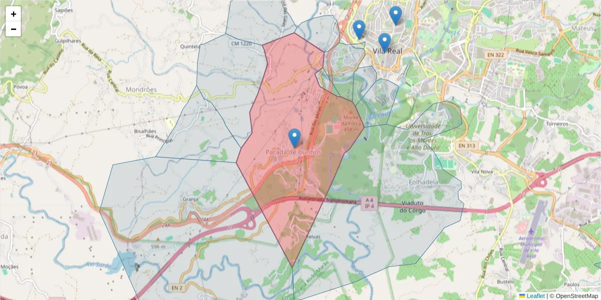 Mapa detalhado do código postal 5000-471 com limites, códigos postais vizinhos e agências dos correios