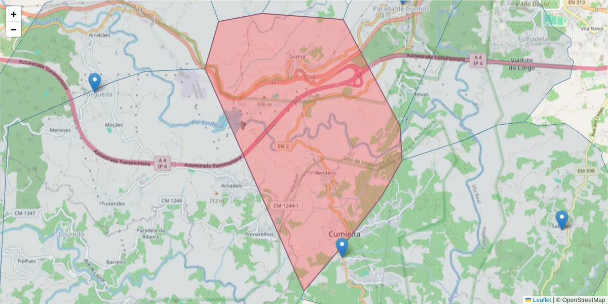 Mapa detalhado do código postal 5000-472 com limites, códigos postais vizinhos e agências dos correios