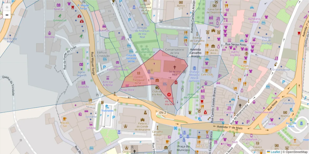 Mapa detalhado do código postal 5000-522 com limites, códigos postais vizinhos e agências dos correios