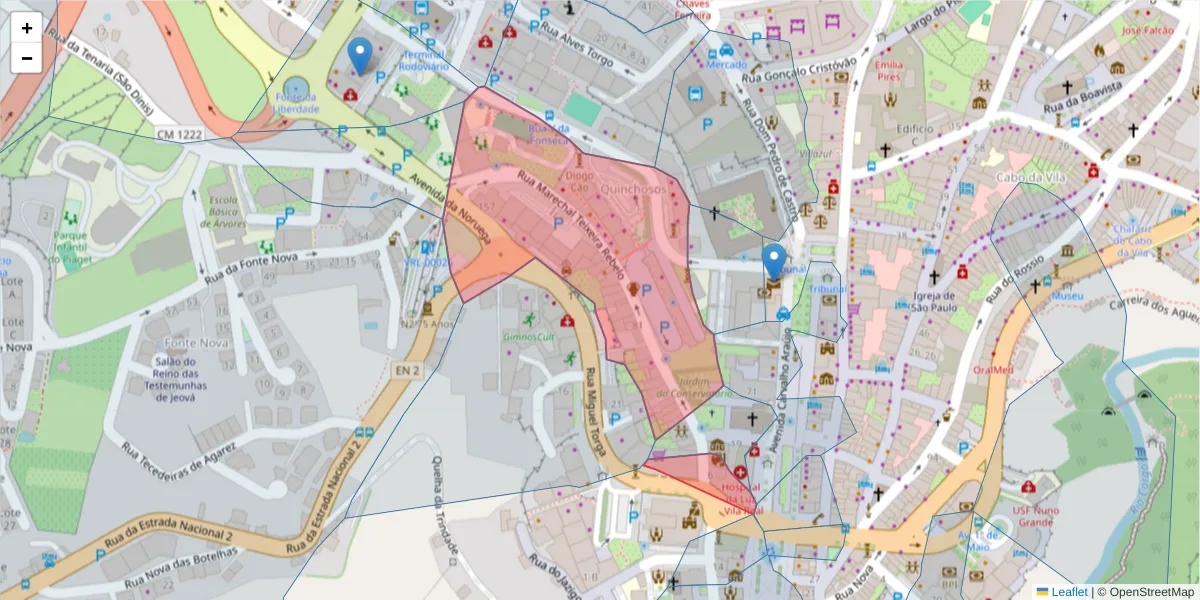 Mapa detalhado do código postal 5000-525 com limites, códigos postais vizinhos e agências dos correios