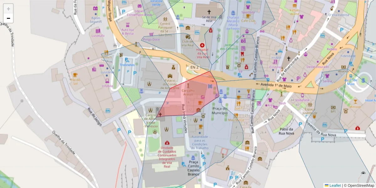Mapa detalhado do código postal 5000-527 com limites, códigos postais vizinhos e agências dos correios