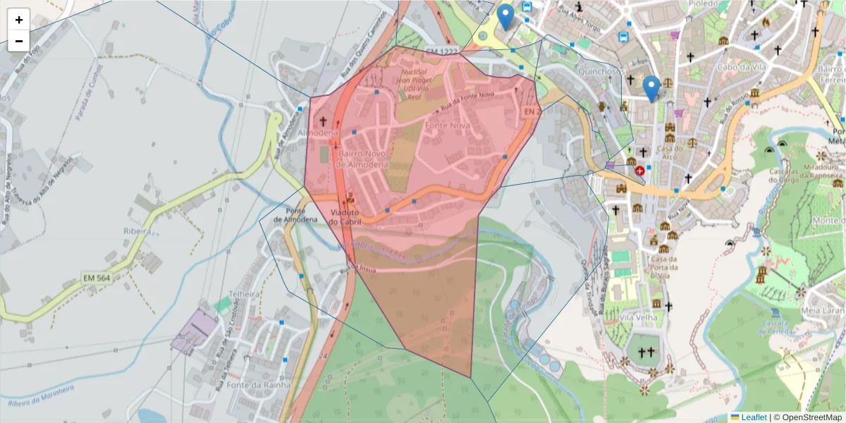 Mapa detalhado do código postal 5000-540 com limites, códigos postais vizinhos e agências dos correios