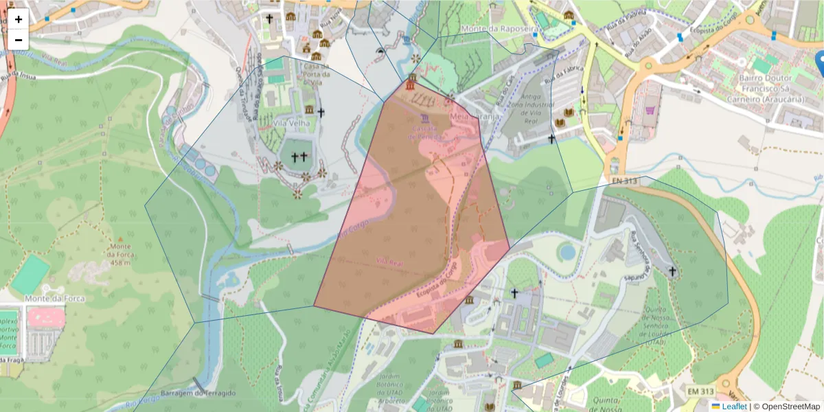 Mapa detalhado do código postal 5000-551 com limites, códigos postais vizinhos e agências dos correios