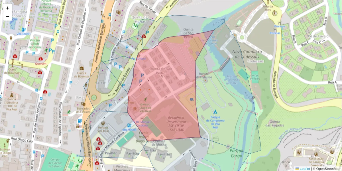 Mapa detalhado do código postal 5000-554 com limites, códigos postais vizinhos e agências dos correios