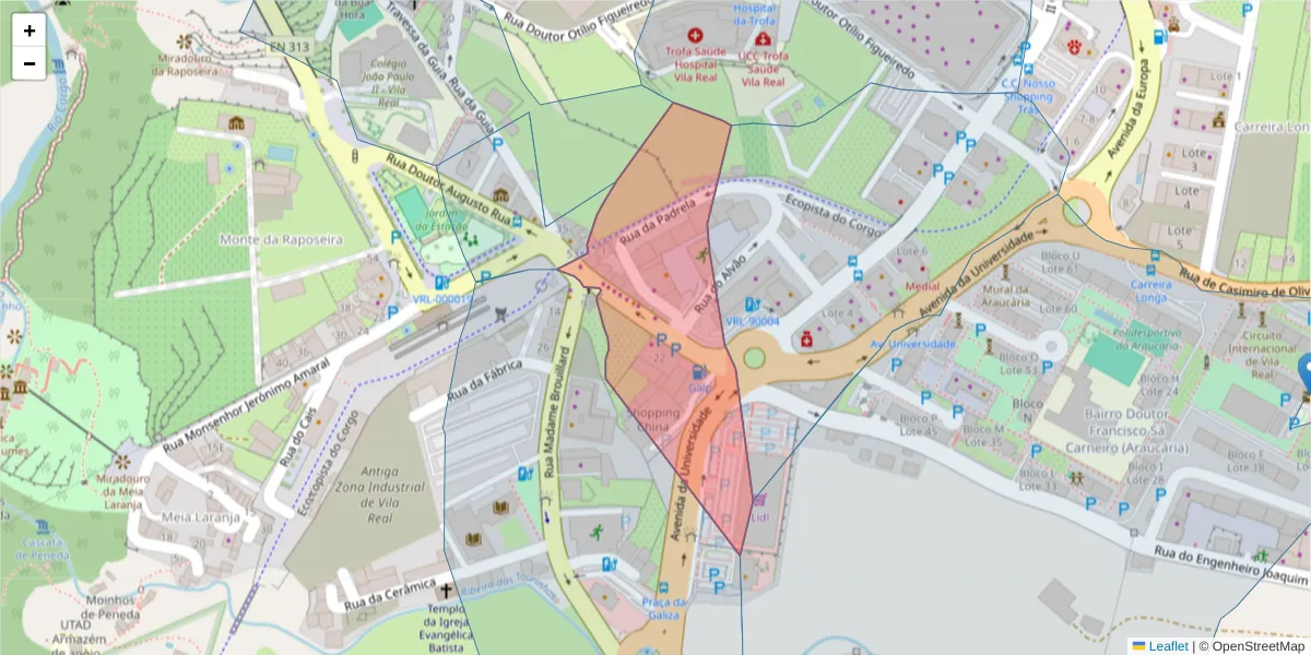 Mapa detalhado do código postal 5000-556 com limites, códigos postais vizinhos e agências dos correios