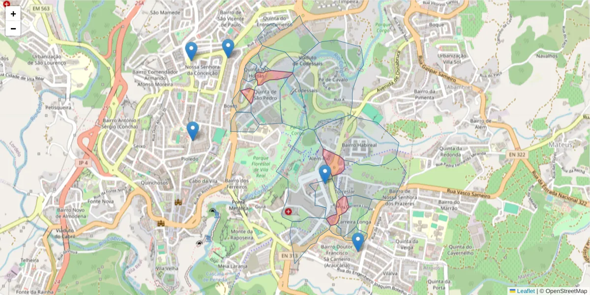 Mapa detalhado do código postal 5000-557 com limites, códigos postais vizinhos e agências dos correios