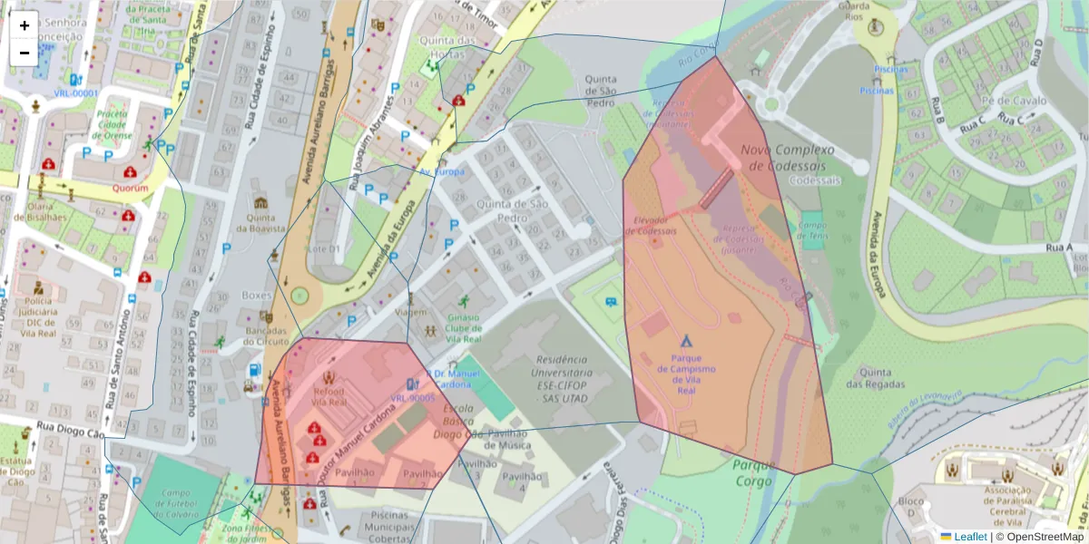 Mapa detalhado do código postal 5000-558 com limites, códigos postais vizinhos e agências dos correios