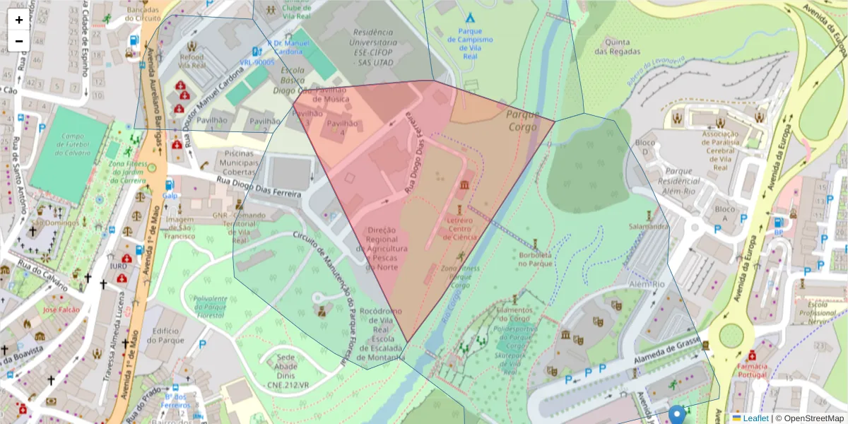 Mapa detalhado do código postal 5000-559 com limites, códigos postais vizinhos e agências dos correios