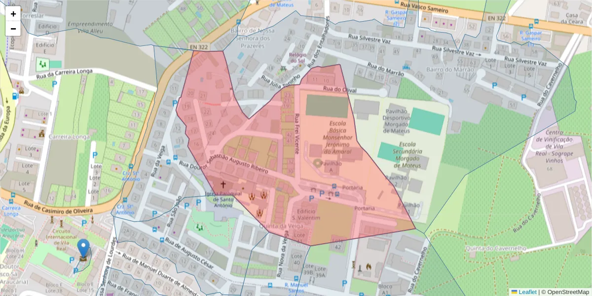 Mapa detalhado do código postal 5000-579 com limites, códigos postais vizinhos e agências dos correios
