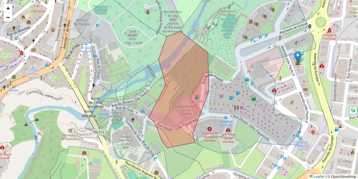 Mapa detalhado do código postal 5000-587 com limites, códigos postais vizinhos e agências dos correios