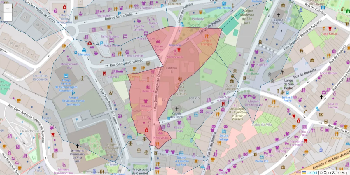 Mapa detalhado do código postal 5000-597 com limites, códigos postais vizinhos e agências dos correios