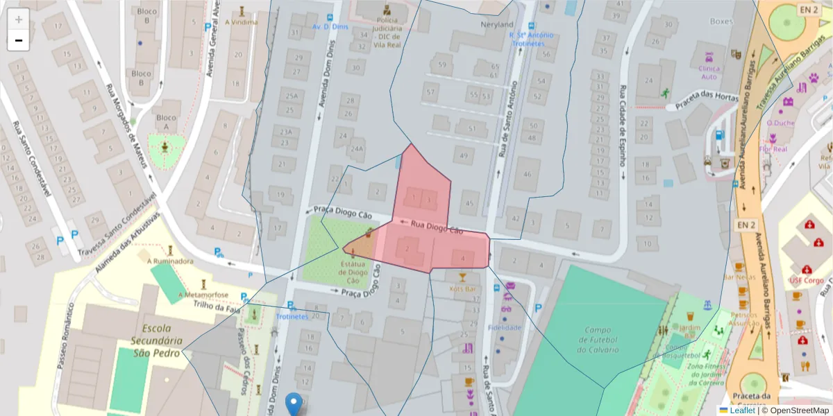 Mapa detalhado do código postal 5000-598 com limites, códigos postais vizinhos e agências dos correios