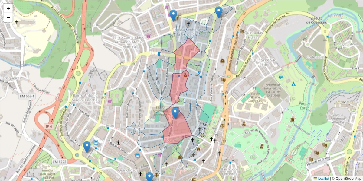 Mapa detalhado do código postal 5000-600 com limites, códigos postais vizinhos e agências dos correios