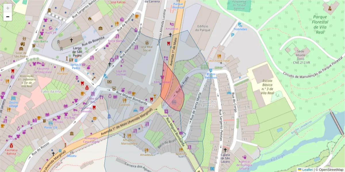 Mapa detalhado do código postal 5000-623 com limites, códigos postais vizinhos e agências dos correios