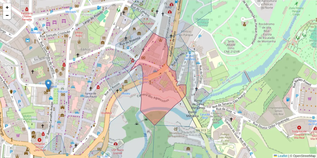 Mapa detalhado do código postal 5000-625 com limites, códigos postais vizinhos e agências dos correios