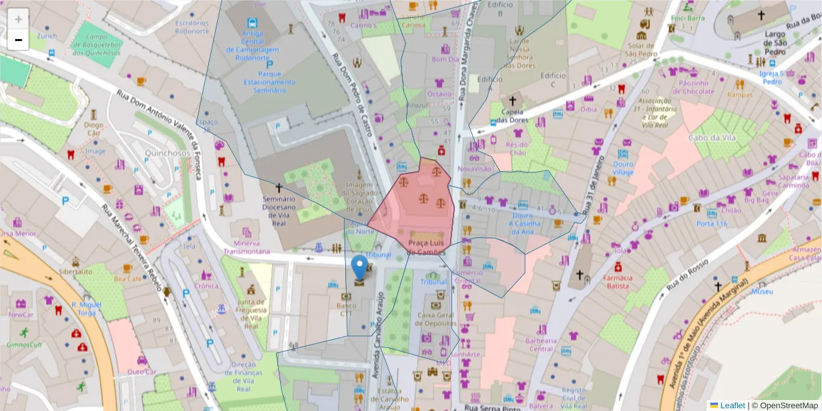 Mapa detalhado do código postal 5000-626 com limites, códigos postais vizinhos e agências dos correios
