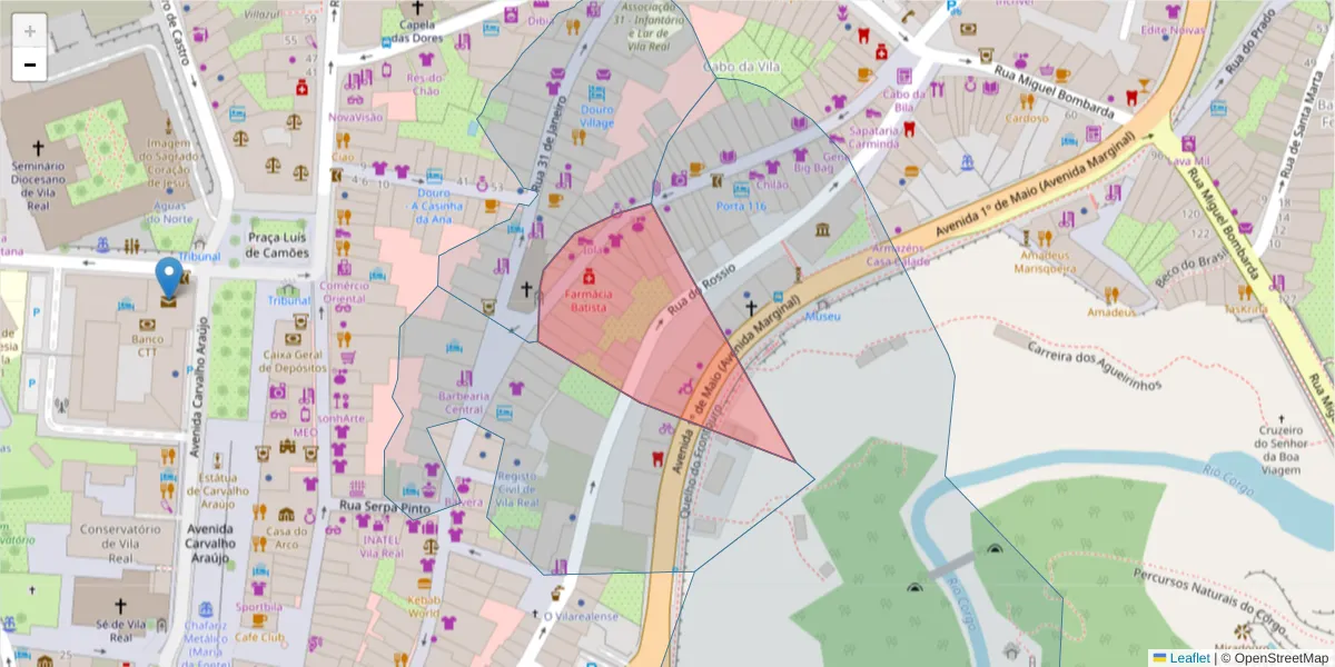 Mapa detalhado do código postal 5000-630 com limites, códigos postais vizinhos e agências dos correios