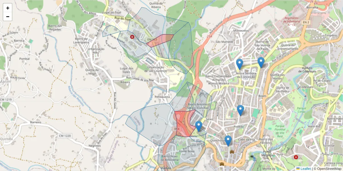 Mapa detalhado do código postal 5000-668 com limites, códigos postais vizinhos e agências dos correios
