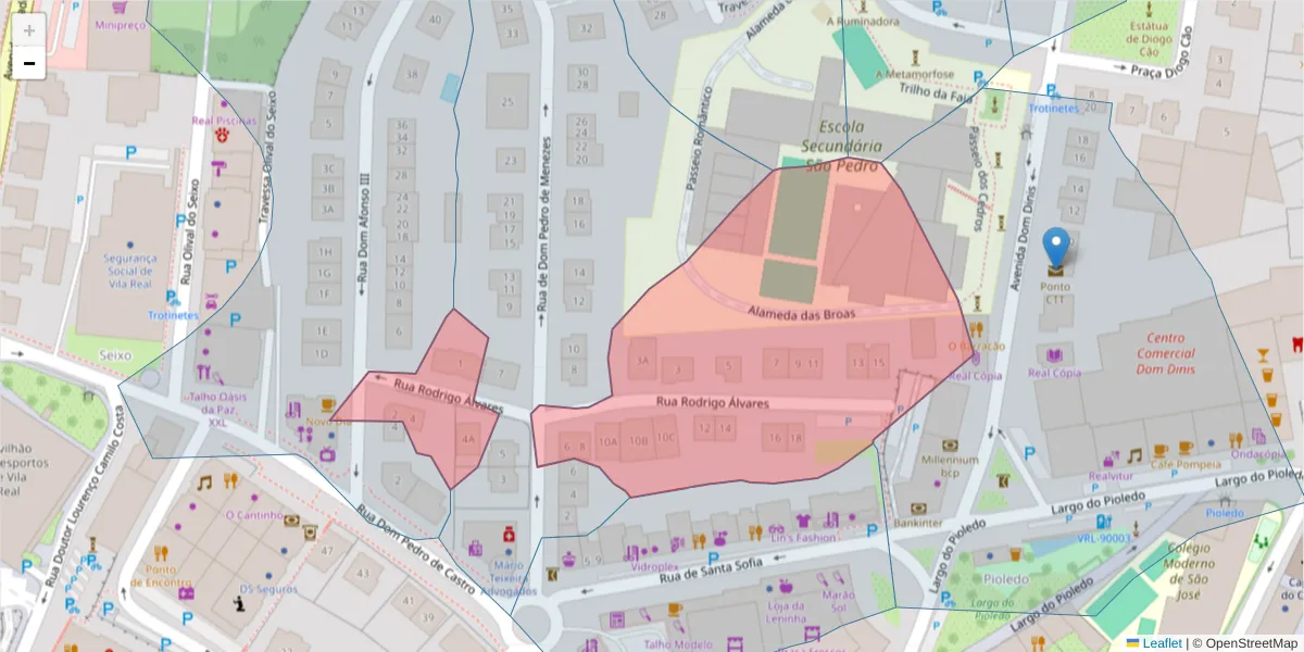 Mapa detalhado do código postal 5000-684 com limites, códigos postais vizinhos e agências dos correios