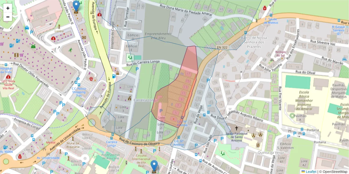 Mapa detalhado do código postal 5000-707 com limites, códigos postais vizinhos e agências dos correios