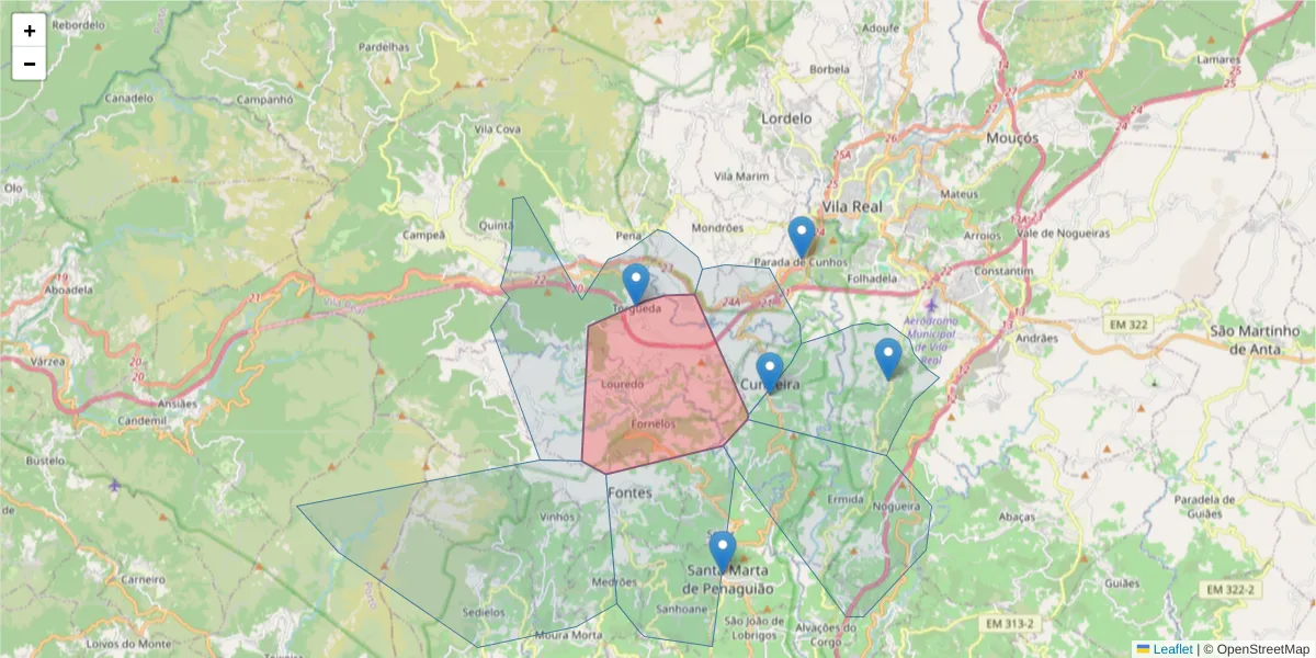 Mapa detalhado do código postal 5000-745 com limites, códigos postais vizinhos e agências dos correios