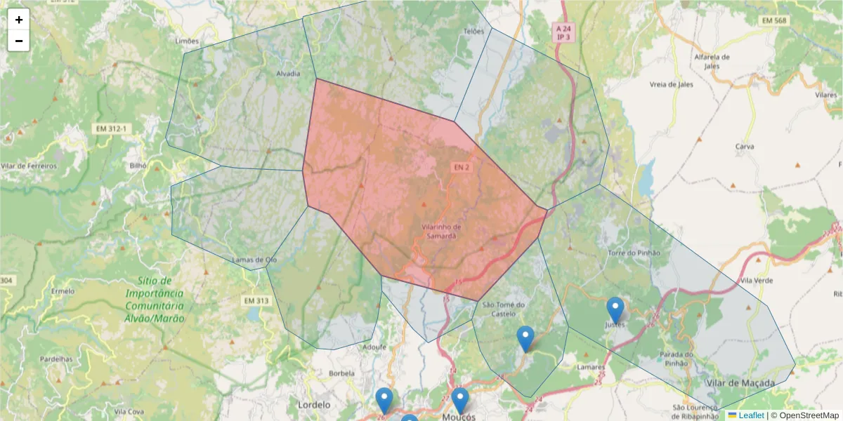 Mapa detalhado do código postal 5000-781 com limites, códigos postais vizinhos e agências dos correios