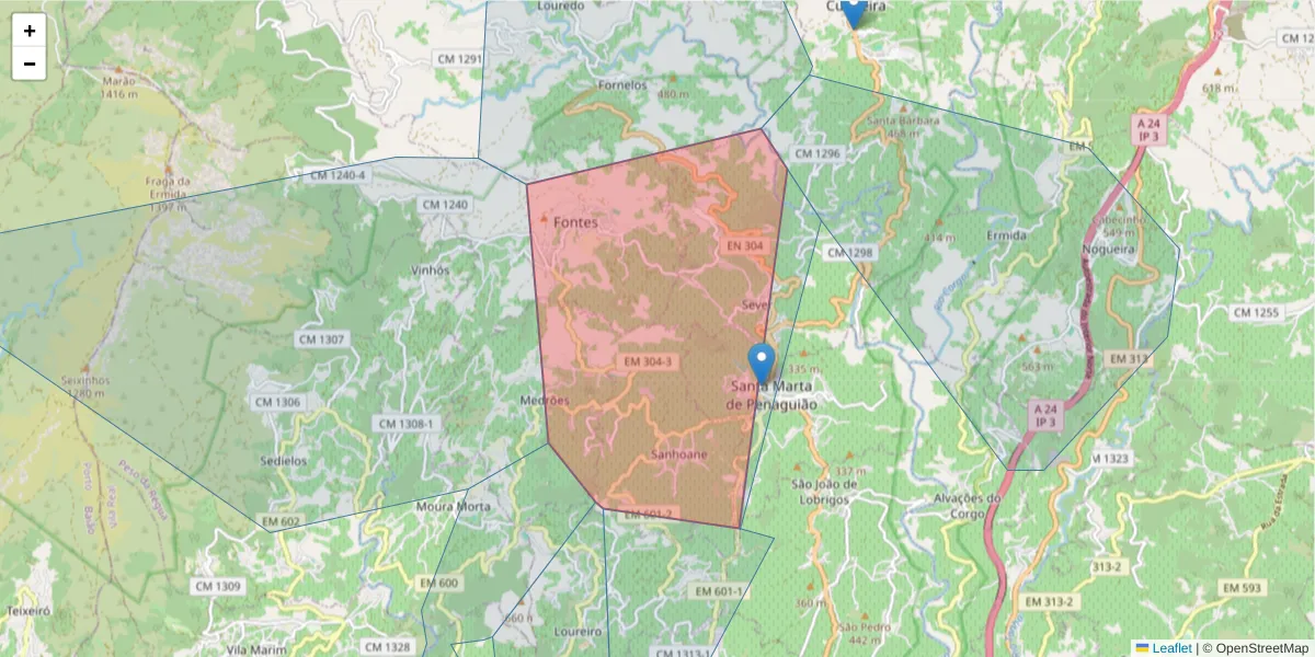 Mapa detalhado do código postal 5030-451 com limites, códigos postais vizinhos e agências dos correios