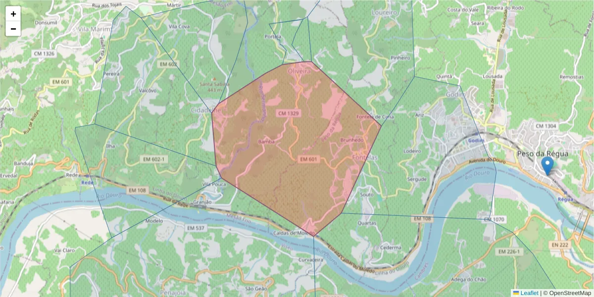 Mapa detalhado do código postal 5040-215 com limites, códigos postais vizinhos e agências dos correios