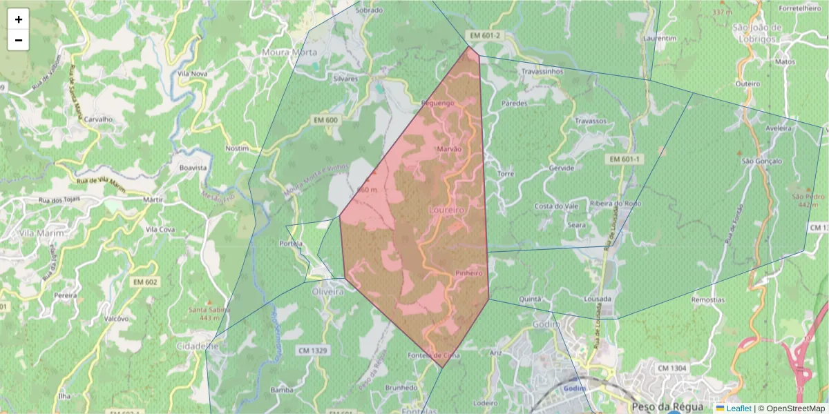 Mapa detalhado do código postal 5040-222 com limites, códigos postais vizinhos e agências dos correios