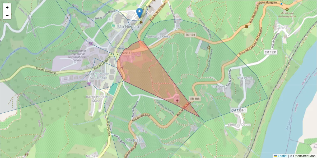 Mapa detalhado do código postal 5040-299 com limites, códigos postais vizinhos e agências dos correios